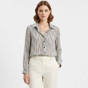 Pure Amici Silk Blouse Women Small 100% Silk Sheer Stripe Button Down Gray White